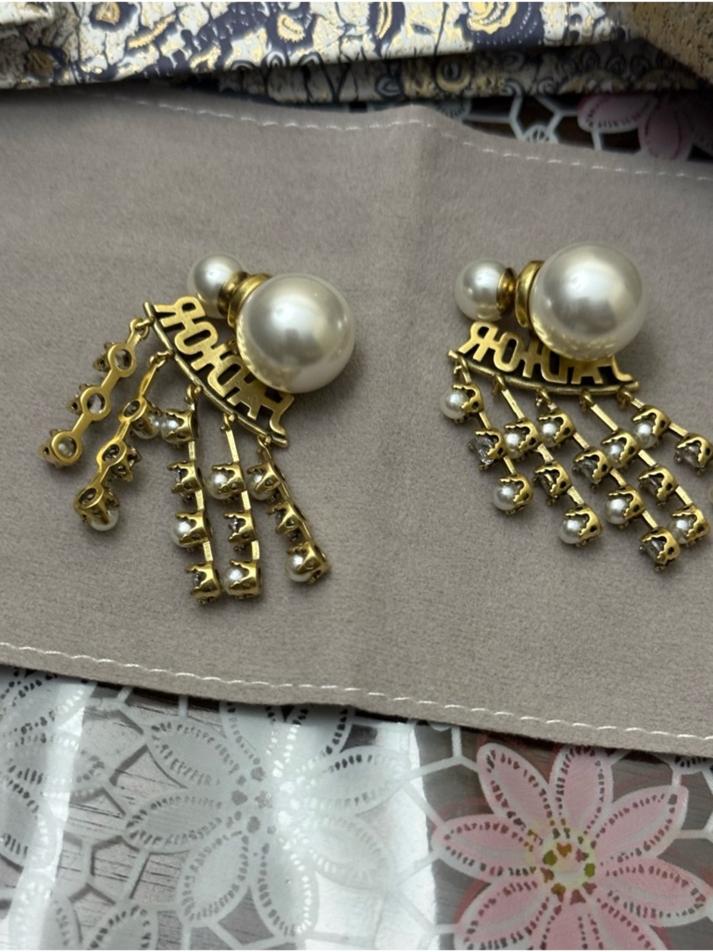 Gold-tone Pearl and Crystal Fringe Earrings - Picture 5 of 7